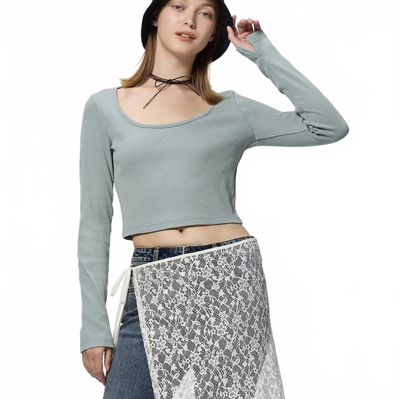 Uniqlo GU Washed Ribbed Cropped T-Shirt | Long Green NWT Medium - Image 3