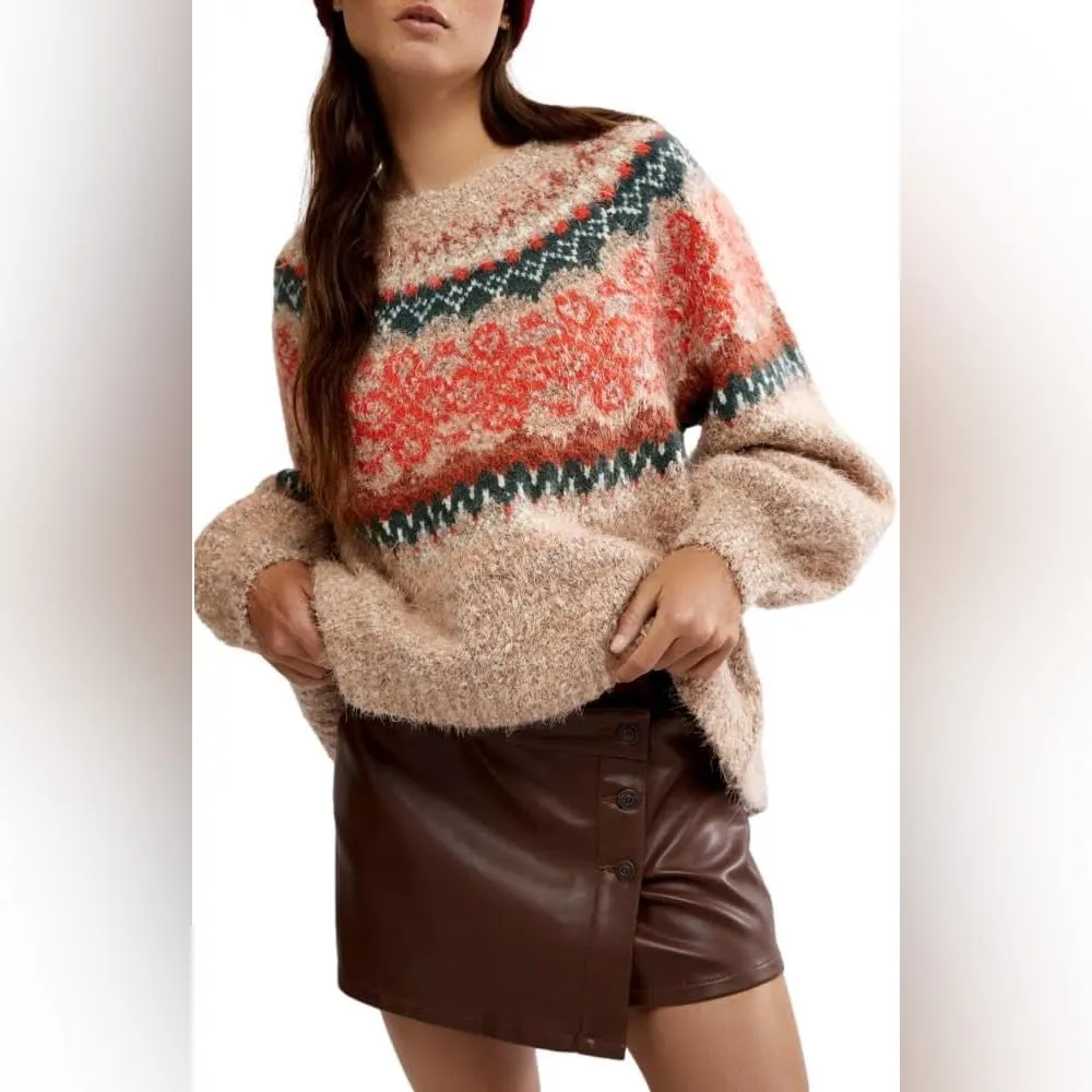 Free People Festive Frost Jumper Long Sleeve Knit Fair Isle Sweater Small - Image 2