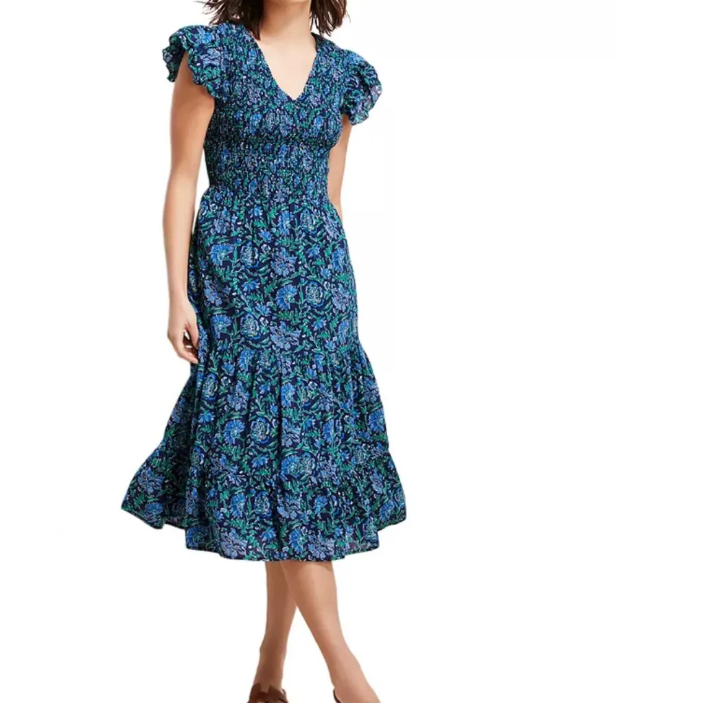 Vineyard Vines Floral Smocked Midi Dress In Anegada Floral Size XS Cap Sleeves - Image 15