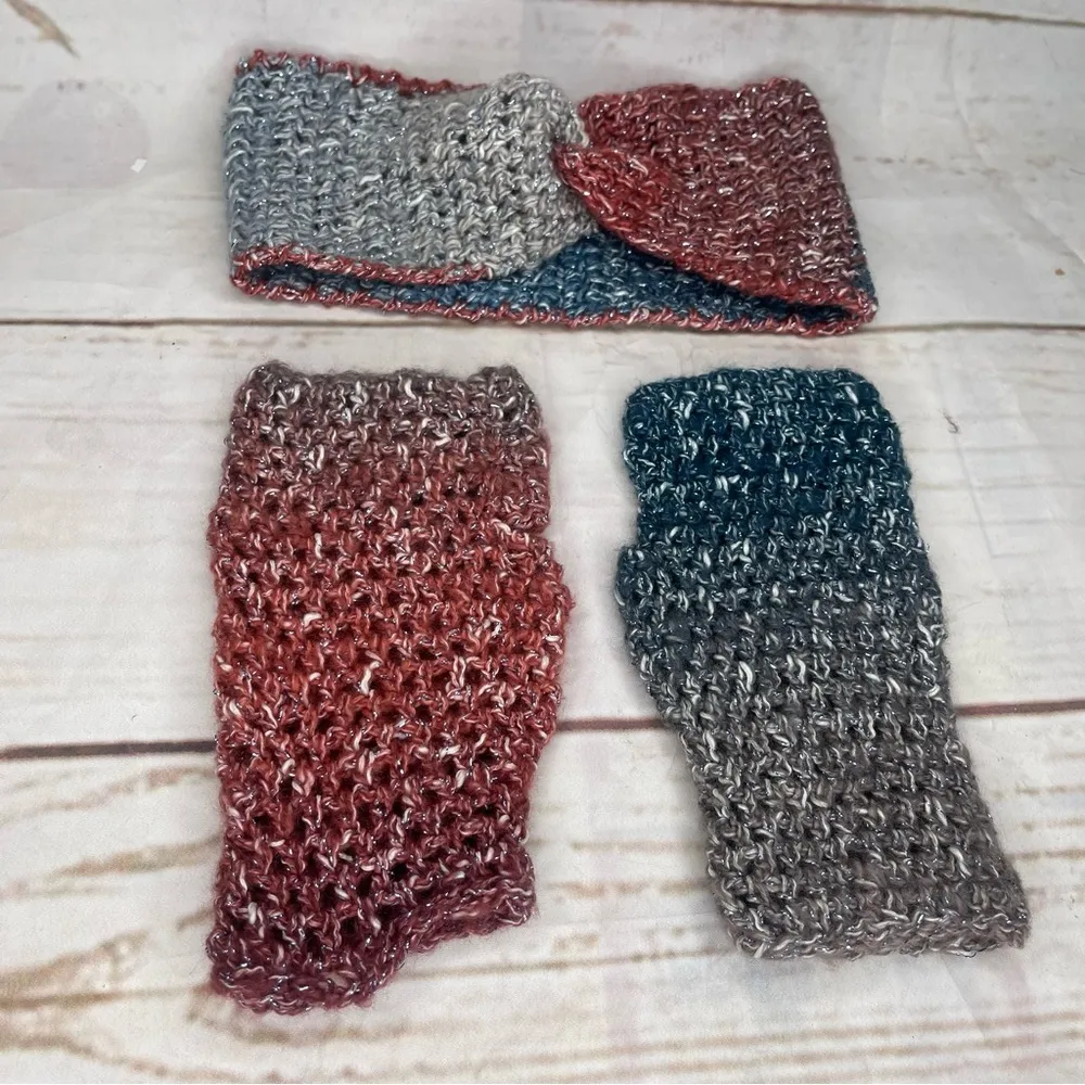 Handmade • Crochet Set • Scarf/Shawl Gloves Headband • Boho • Spring • F… Blue - Image 11