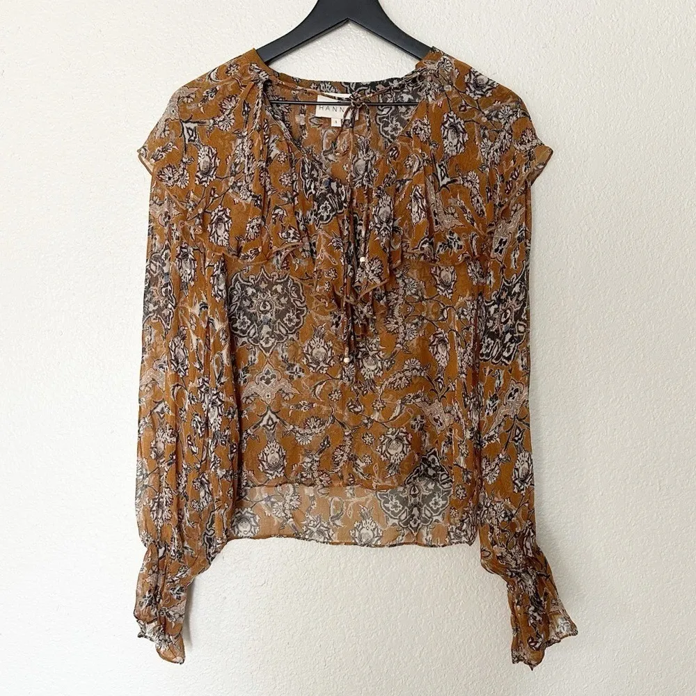 Hannah Artwear Women's Boho Sheer Floral Ruffle‎ Tie Neck Blouse Top Size 1 Brown Size M - Image 2