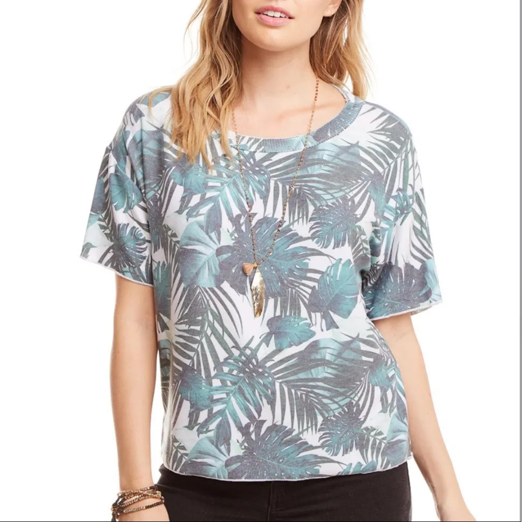 Chaser Cozy Knit Cropped Sweatshirt Tee Size Medium Palm Print NWT - Image 5