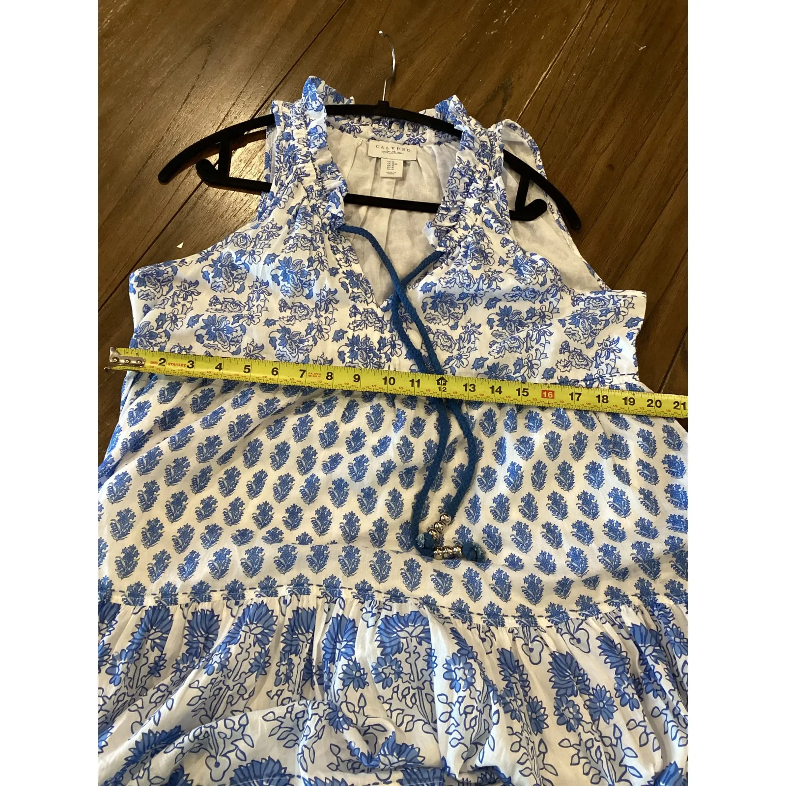 Calypso St Barth Daria Dress L Blue White Block Print Floral Cotton Resort Maxi - Image 7