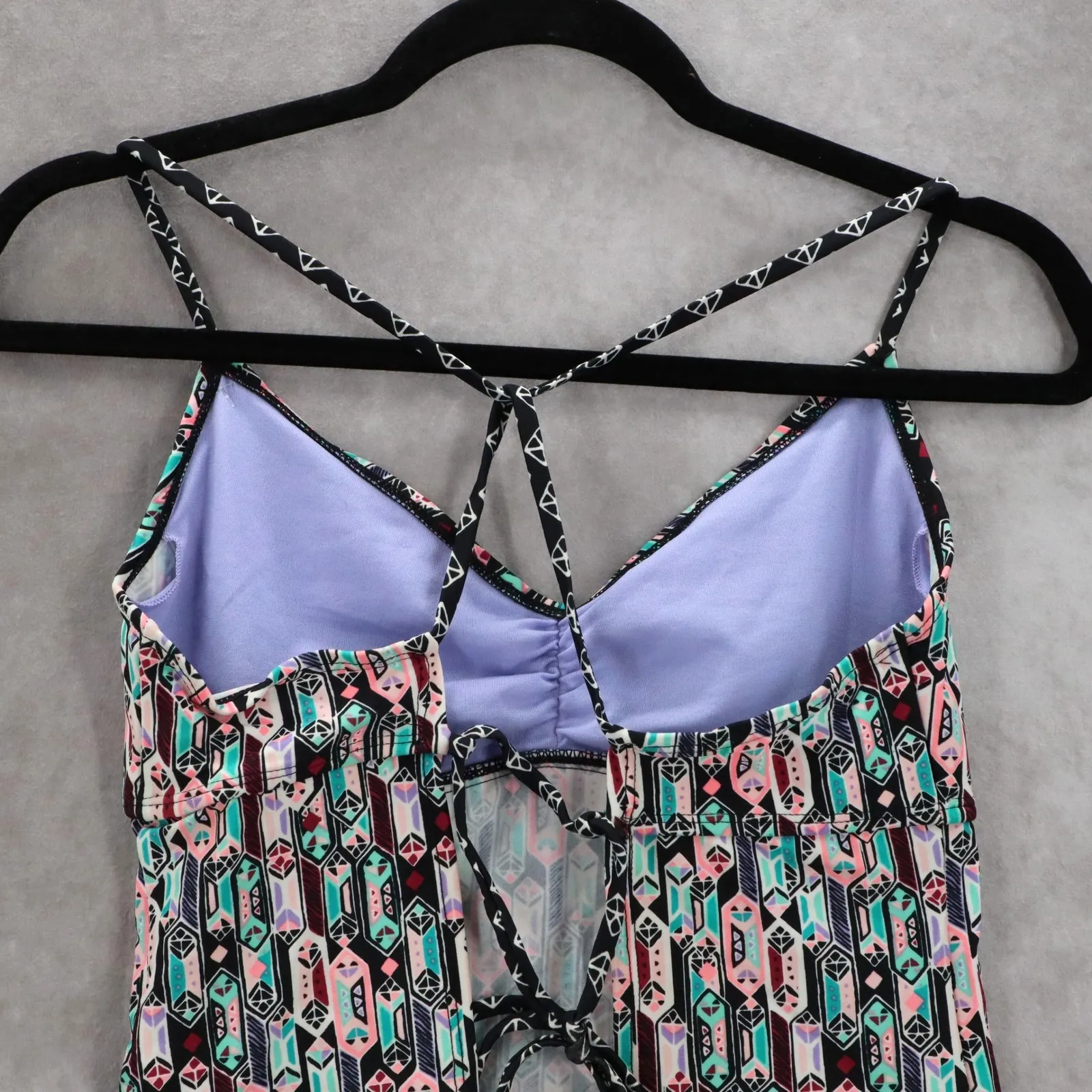 White Geometric Open Back Crisscross Tie Boho Beach Swim Tankini Top Small Black - Image 4