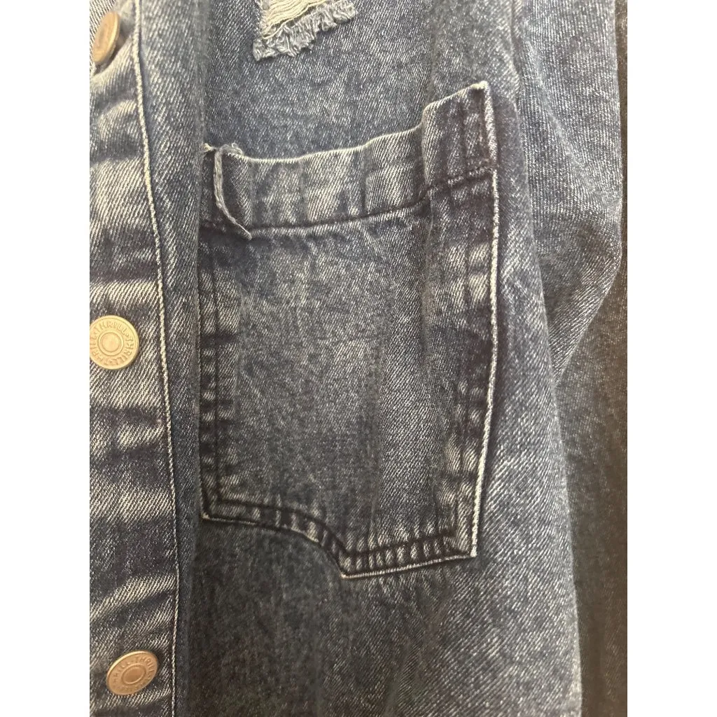 Womens Thrill Jeans Denim Distressed Jacket Sz 2X Ripped 2 front Pockets Fringe Blue - Image 5