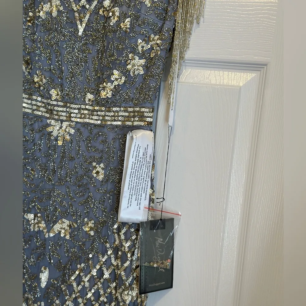 MAC DUGGAL EMBELLISHED BEADED SEQUINED FRINGE CAP SLEEVE GOWN SZ 8 Platinum Gold - Image 12