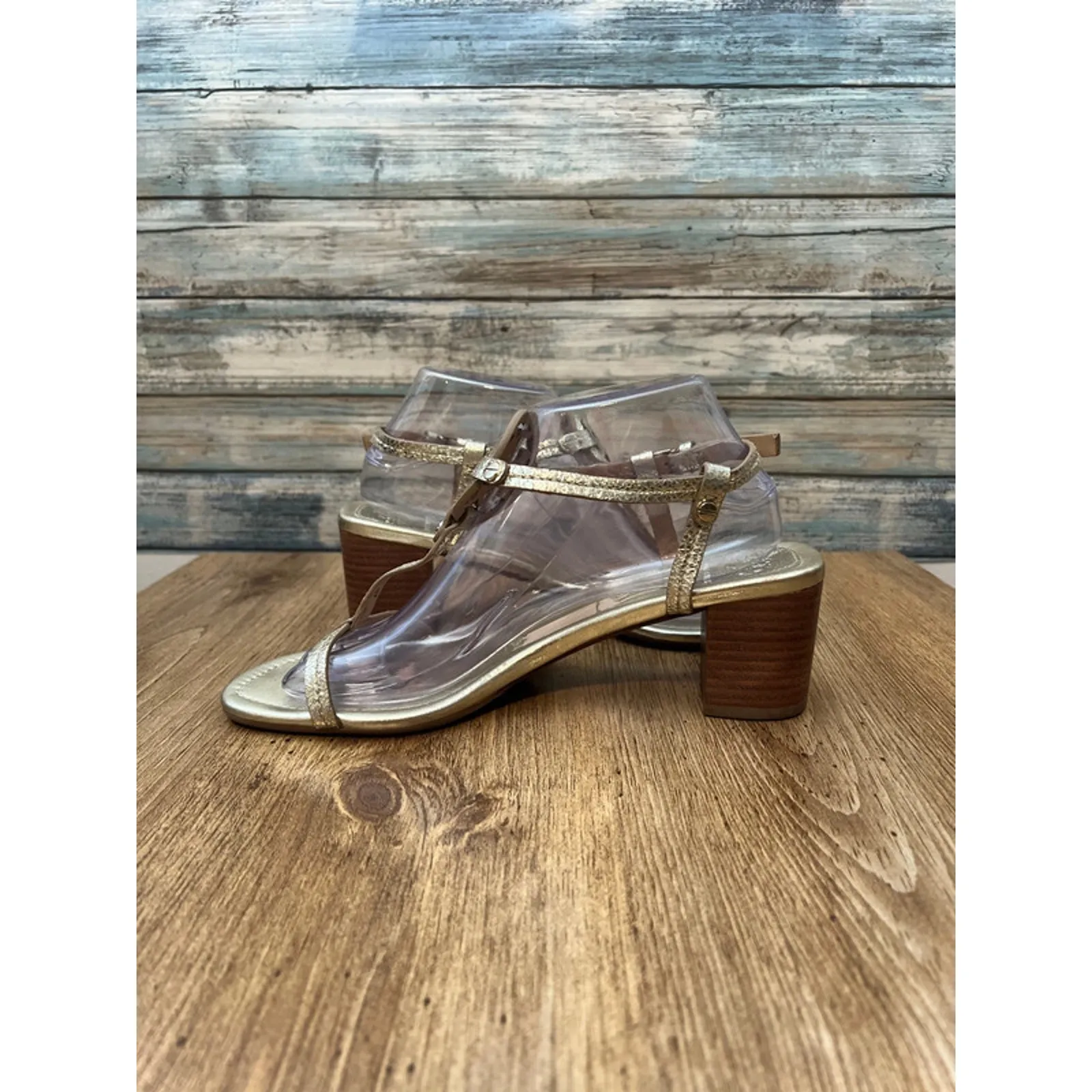 Tory Burch Gold Flake Leather Miller Block Heel Sandals - Image 15