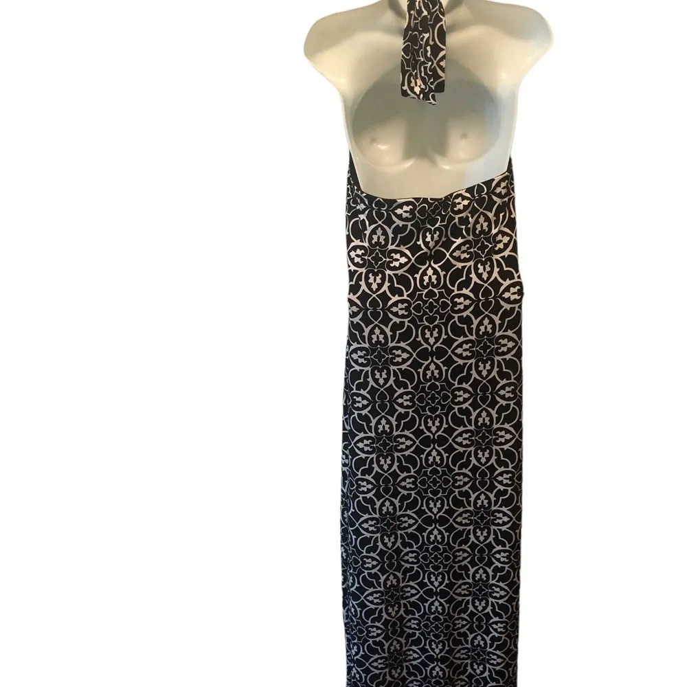 Y2K WHBM Keyhole Halter Top Maxi Dress M Black White Damask Print Slinky Summer - Image 6