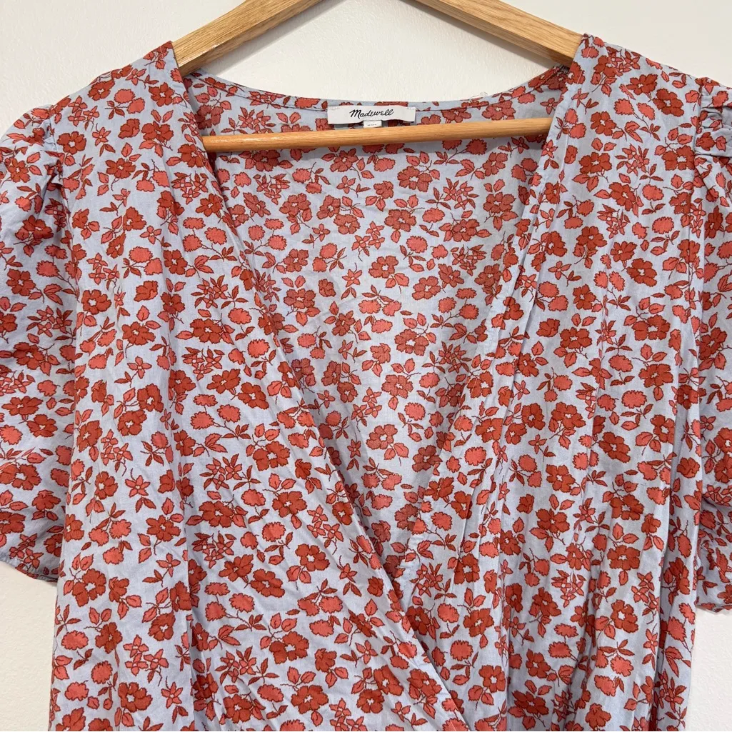 Madewell Floral Wrap Dress Size XXL Blue Orange Mini Cotton 2X - Image 4
