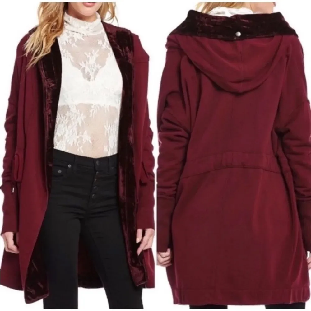 Free People Westwood Cardigan Maroon Velvet Trim Sz XS Oversized Hooded - Image 2