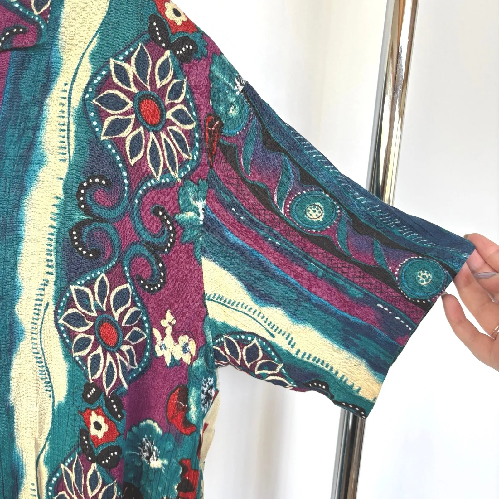 Vintage Teal Psychedelic Hippie Shirt Button Down Boho Beach Granola Medium Blue - Image 3