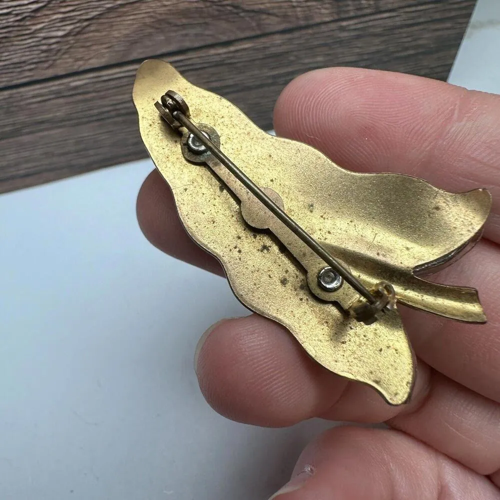 Vintage Rhinestone Leaf Autumn Fall Two Tone Brooch Pin Gold - Image 9