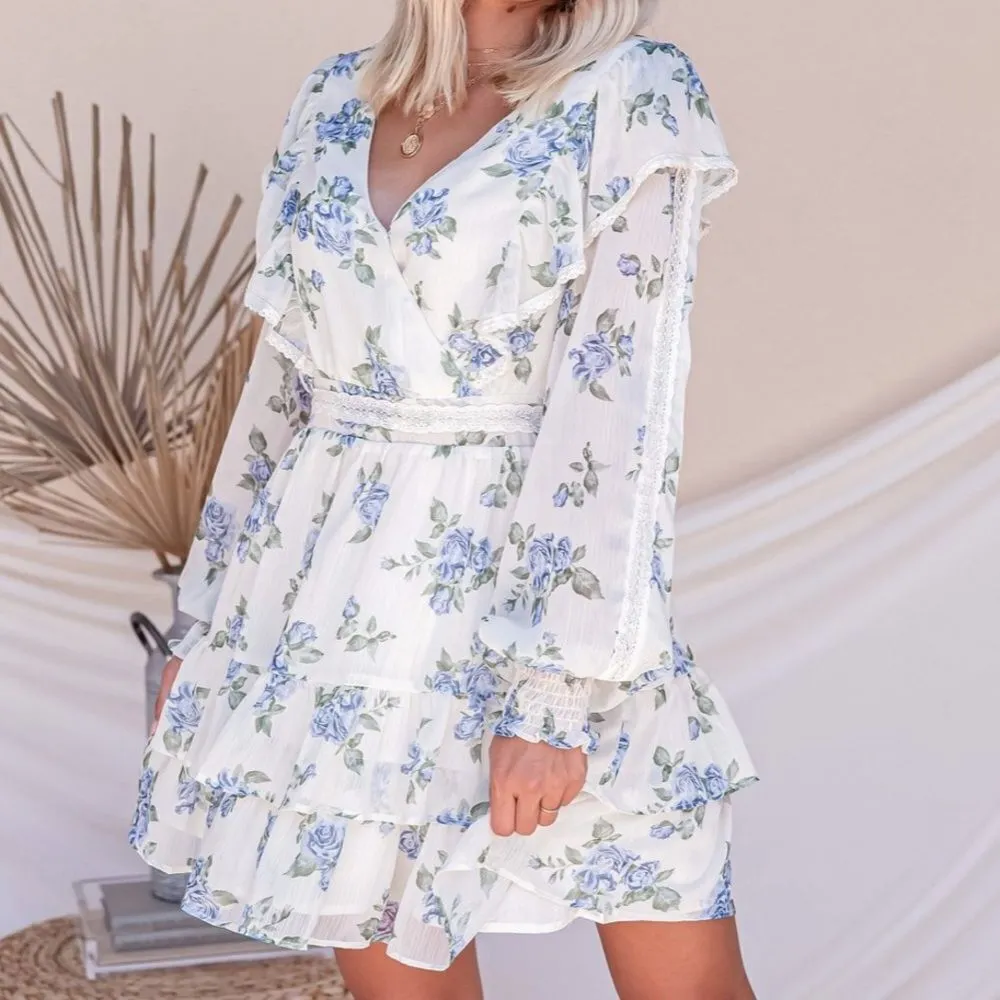 ✨2xHP✨Marlowe Blue Flower Ruffle Dress✨ White Size M - Image 6