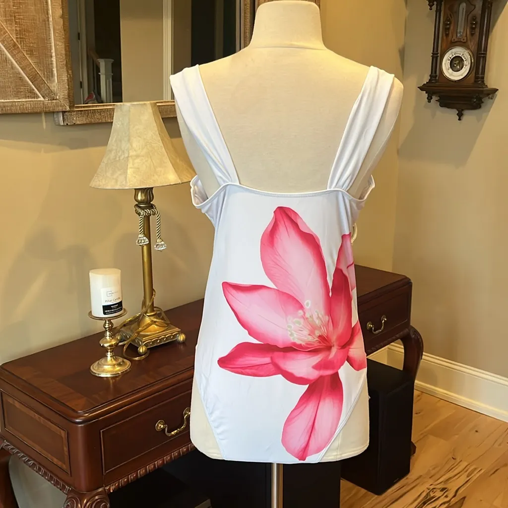 White Swimsuit Bold Pink Flower One Piece Size L - Image 2