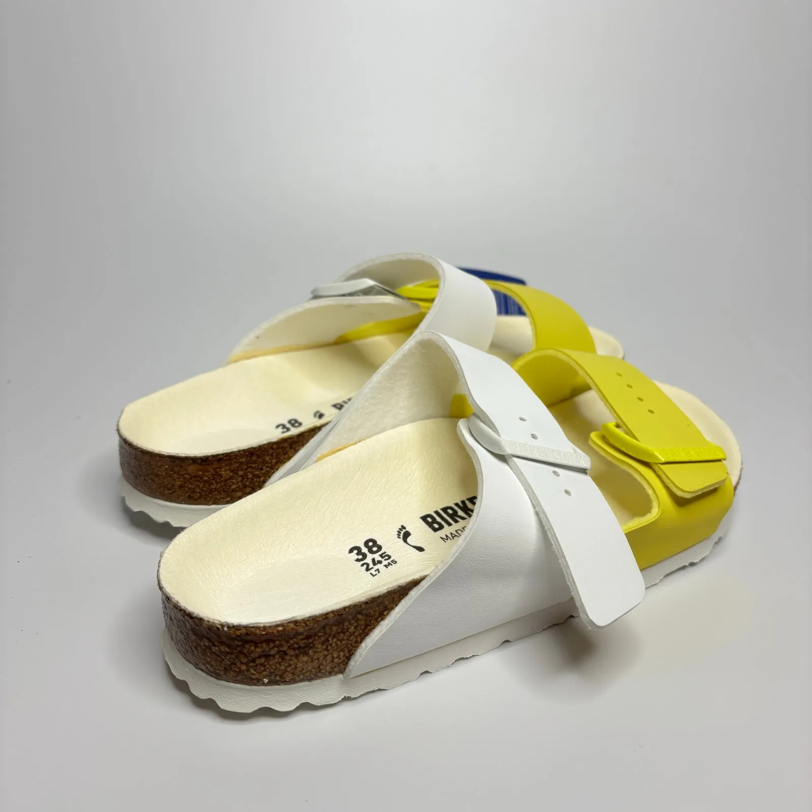 Birkenstock Arizona Split Two Strap Sandals in White/Lime Sour (Narrow) - Image 4