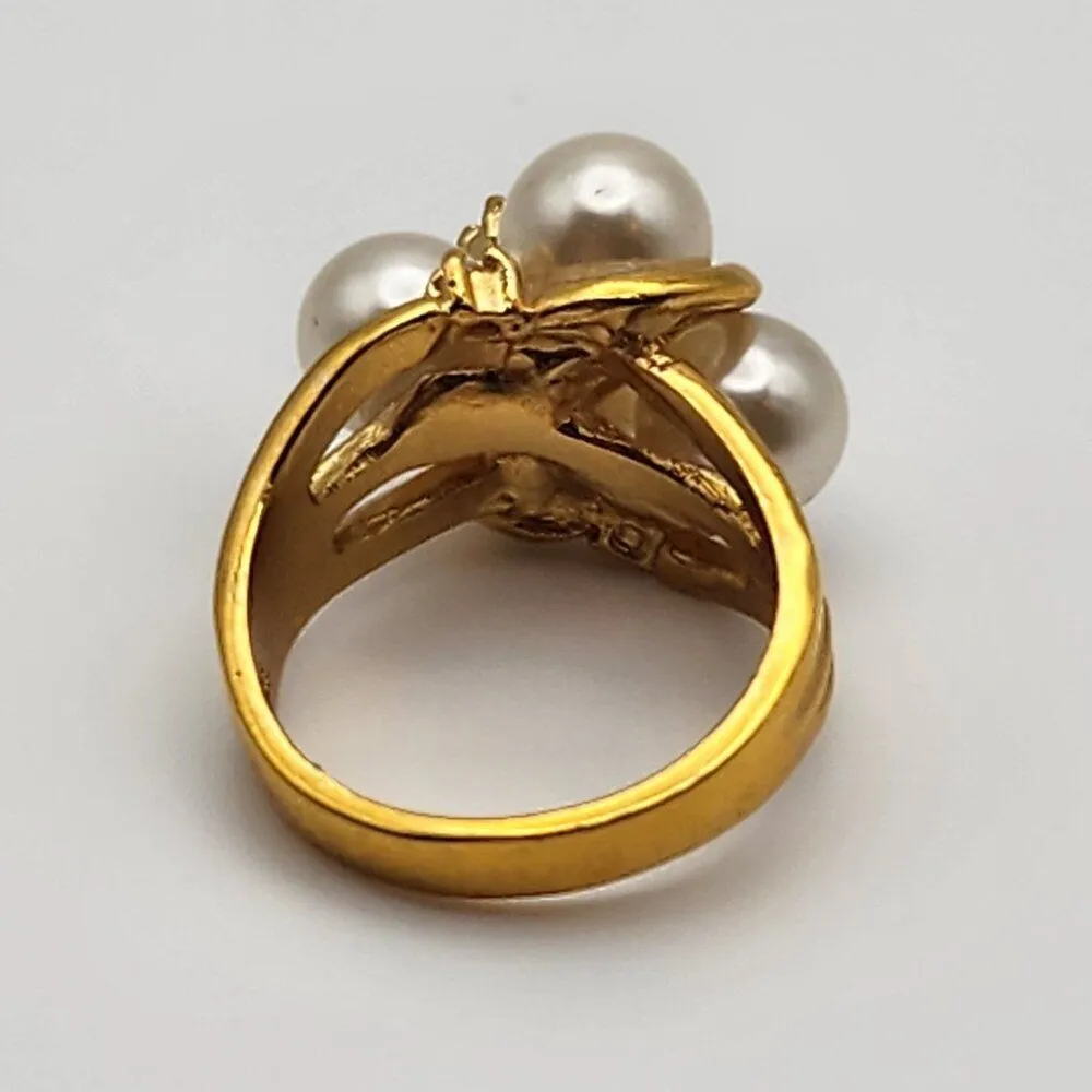Vintage 14K Gold Electroplated Faux Pearl & Rhinestone Ring (6.25) - Image 7
