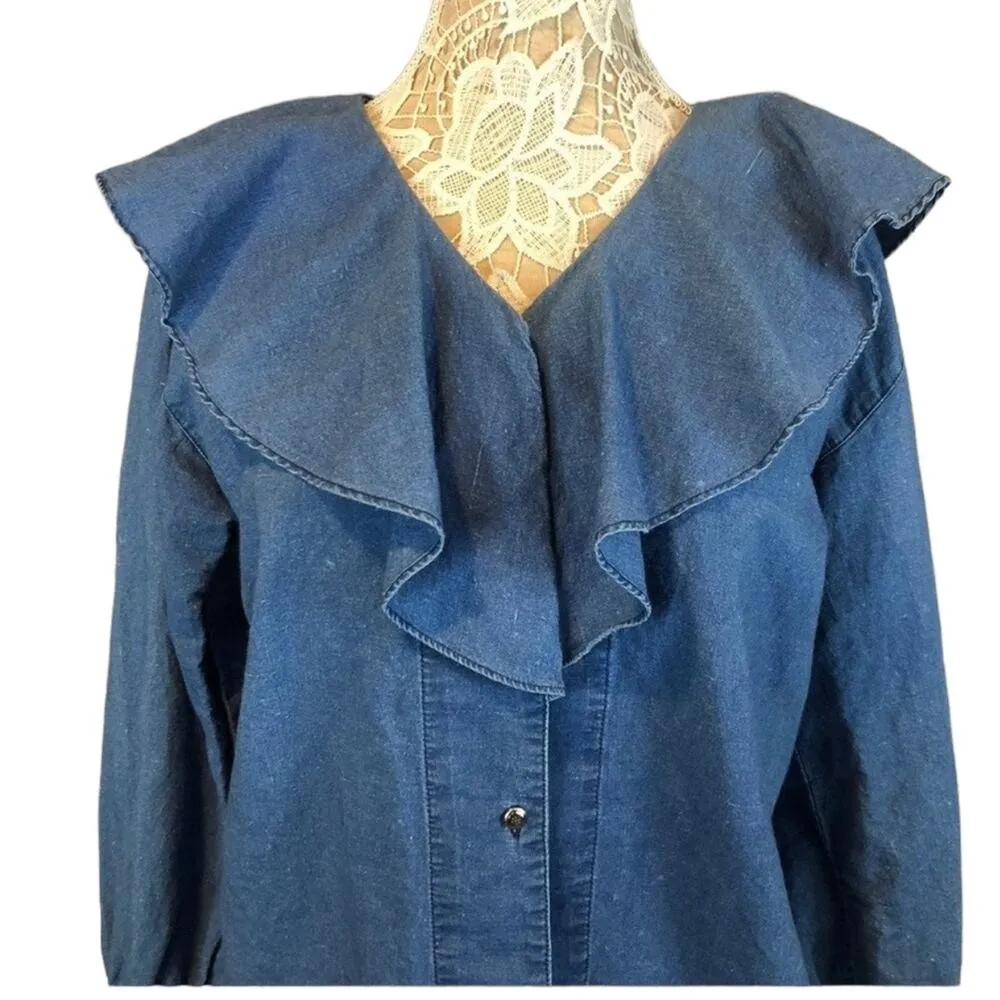 Vintage Victorian Y2K Denim ruffled shirt and cuffs size small - Image 3