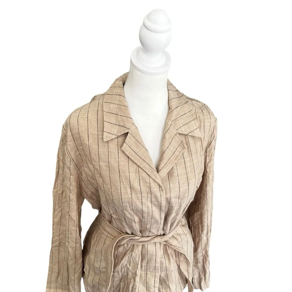 Lattelier Beige Linen Pinstripe Belted Blazer Jacket NWT Size Large Tan - Image 4