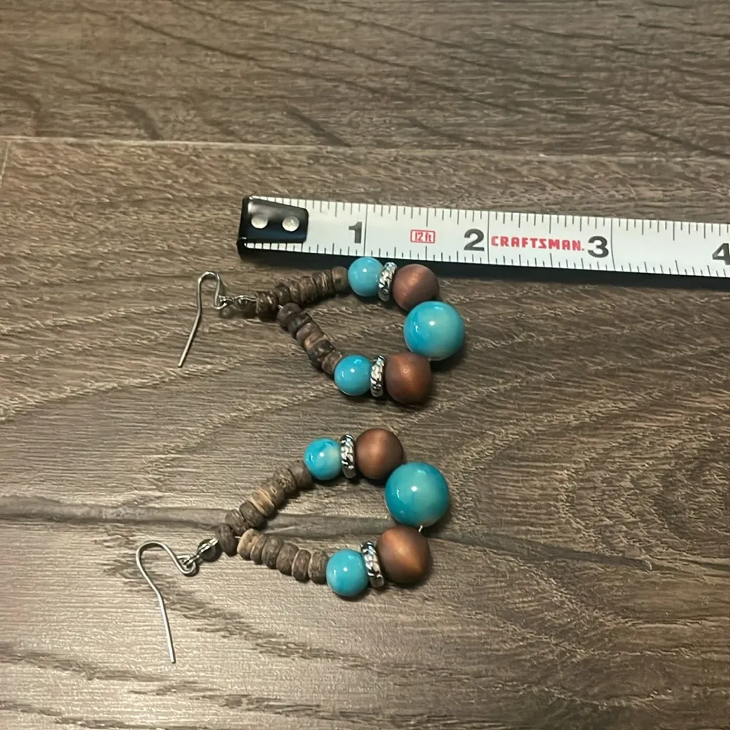 Turquoise and Brown Beaded Jewelry Set, Earrings and Bracelet - Image 3
