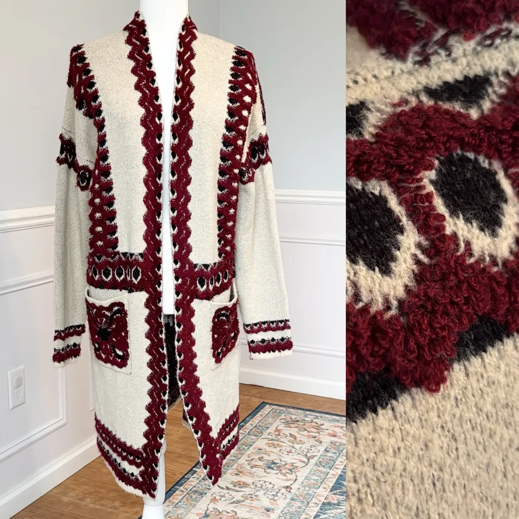 MAX Sport Embroidered Knit Embroidered Longline Cardigan M Boho Western Cowboy Red Size M - Image 2