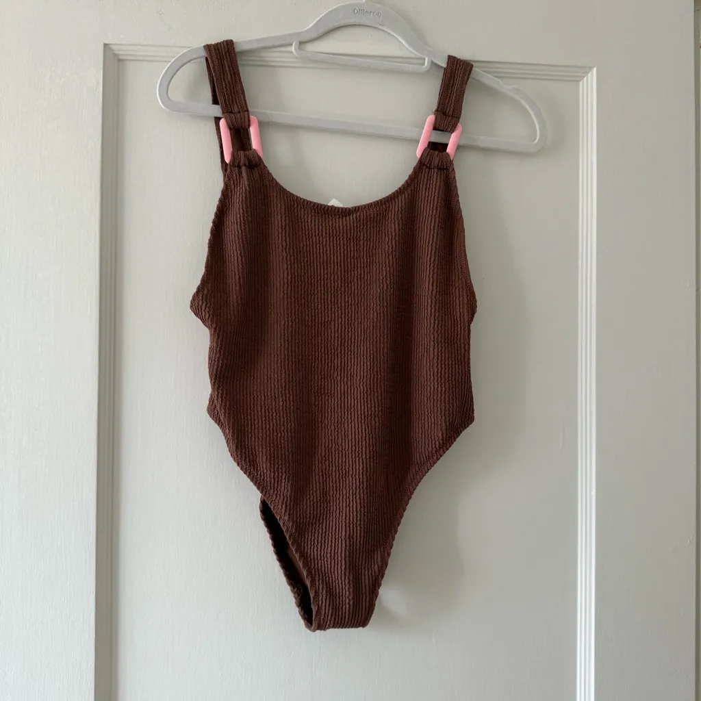 Aerie Brown One-Piece Cheekiest Swimsuit with Pink Buckle Size Medium NEW - Image 4