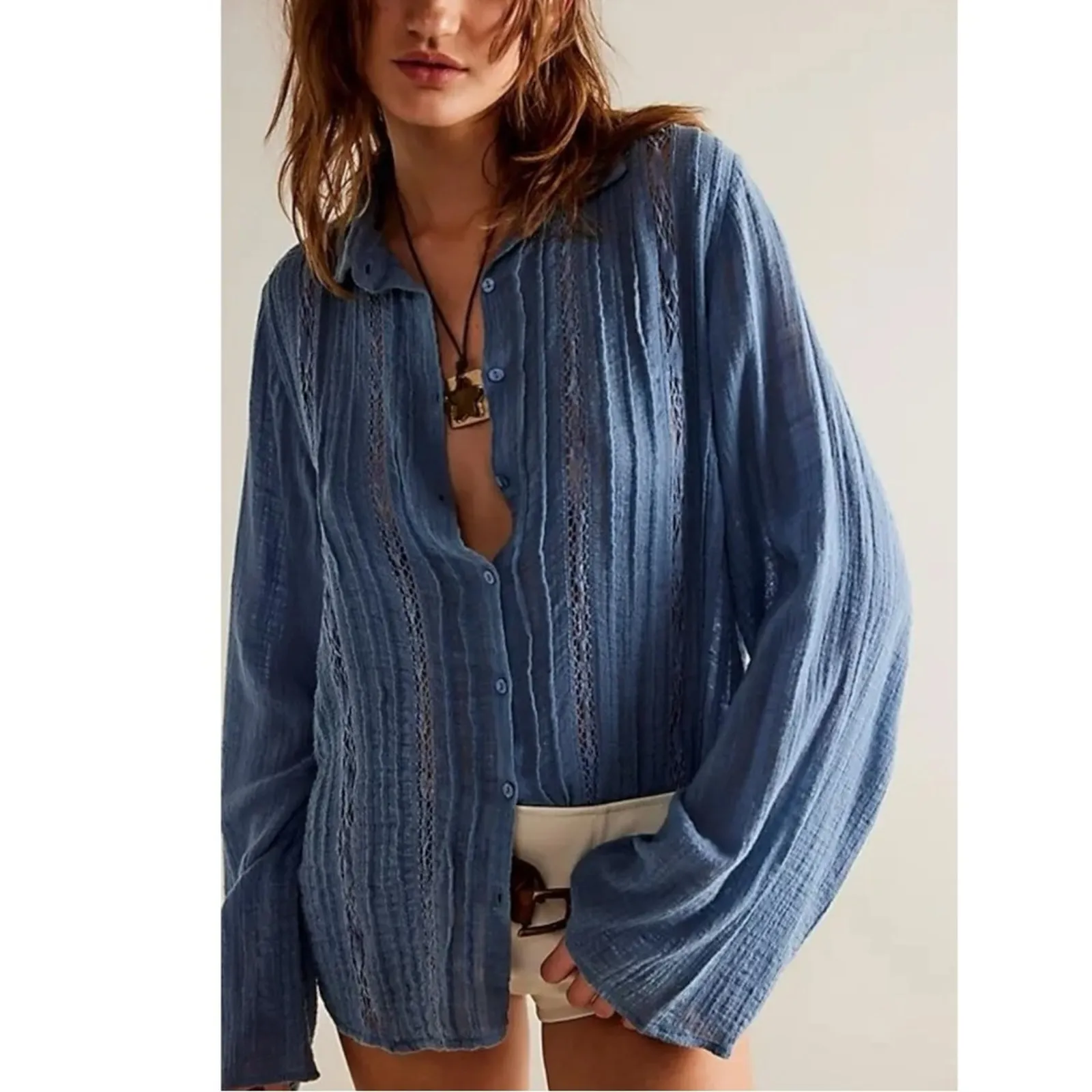 Free People FP One Mila Shirt Blue Ethereal Dainty Romantic Lace Gauze Medium - Image 10