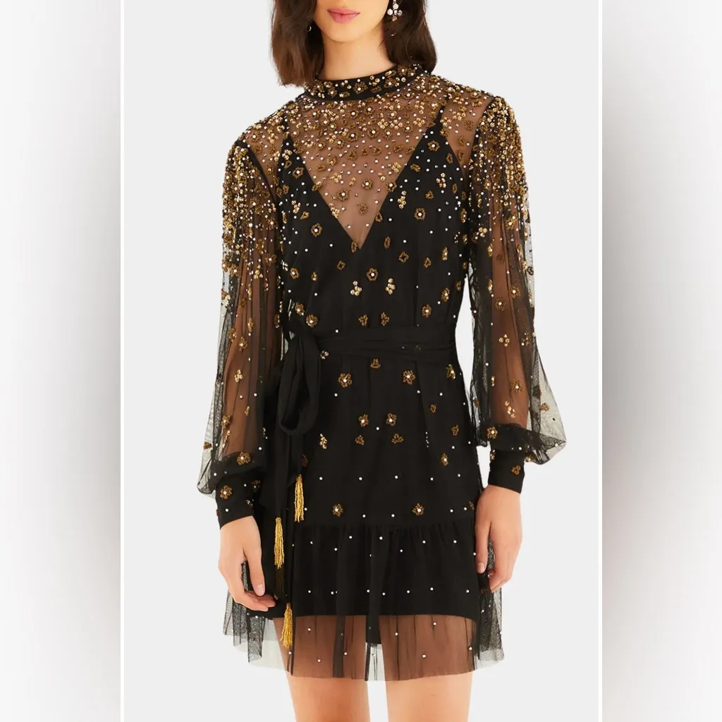 FARM RIO Black Embroidered Tulle Overlay Belted Long Sleeve Mini Dress,Small,398 - Image 6
