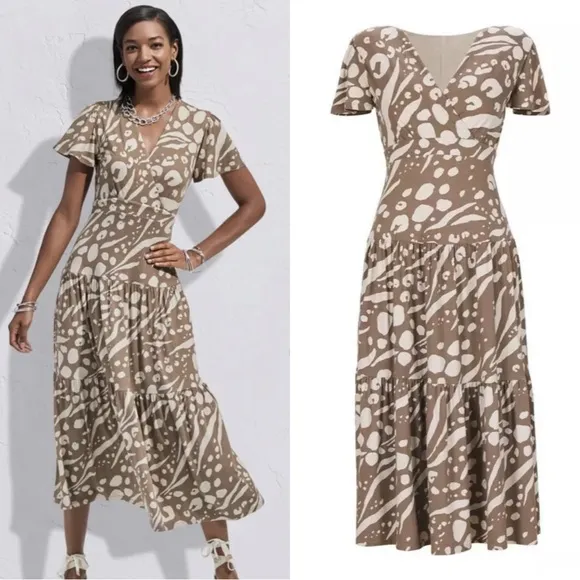 CAbi Swoon Printed V-neck Cutout Back Fit & Flare Midi Dress Taupe Ivory Size S - Image 2