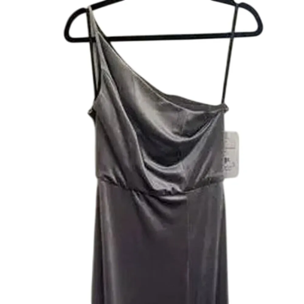 NWT After Six One Shoulder Spaghetti Strap Velvet Maxi Gown Dress 6 Caviar Gray - Image 4