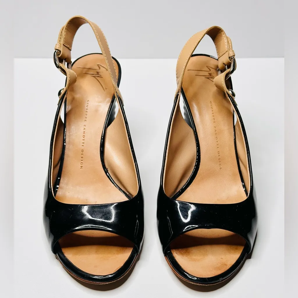 Giuseppe Zanotti Black Patent Leather Tan Slingback Open Toe Heels Sandals Shoes - Image 11