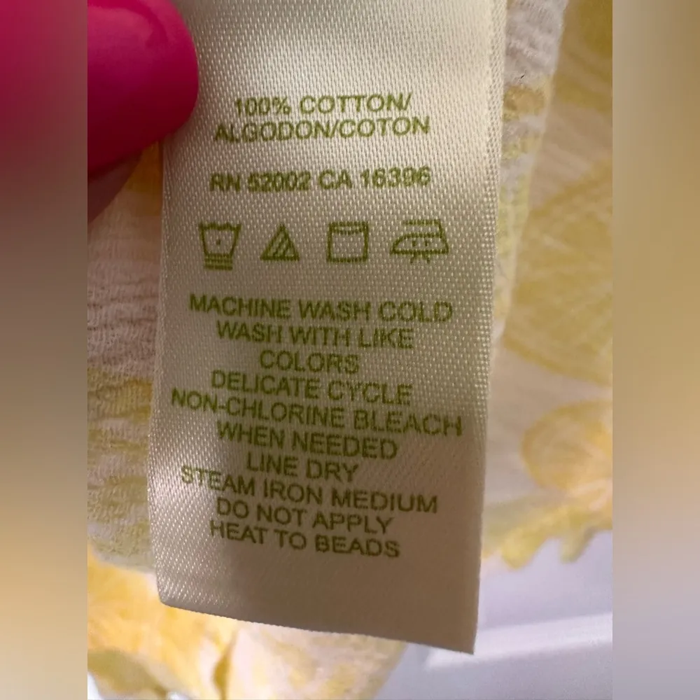 SIGRID OLSEN Top S Lemon Print Crinkle Gauze V-Neck Beaded Sequin Cotton Yellow - Image 5