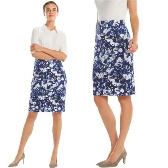 MM Lafleur The Cobble Hill Floral Print Cotton Pencil Skirt Blue Navy White 10 - Image 2