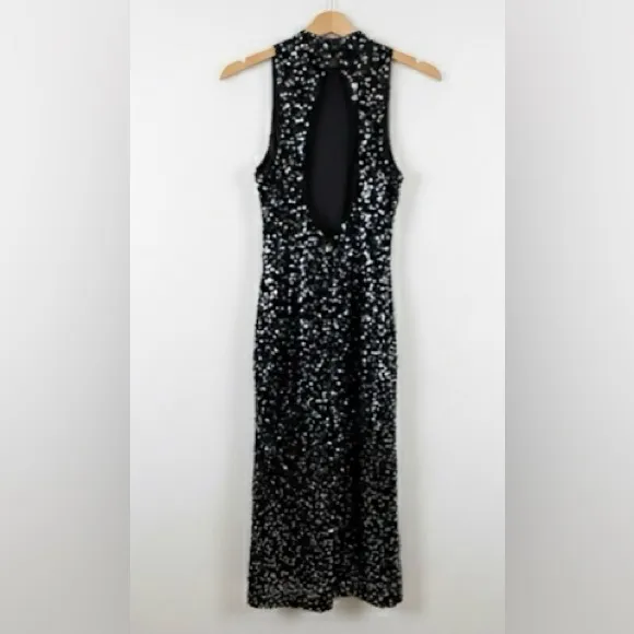 Donna Morgan Black Sequin Halter Sleeveless Backless Midi Cocktail Dress - Image 3