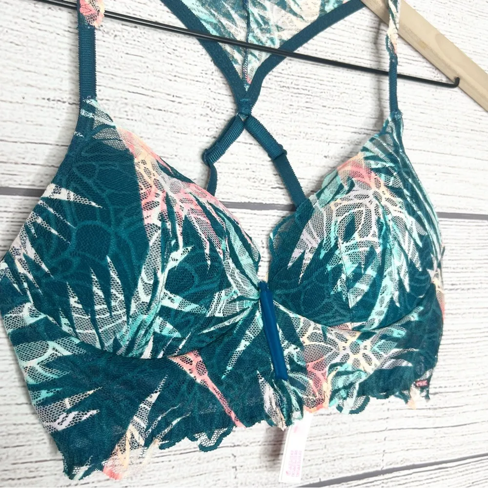 VS PINK Teal Tropical Date Night Push Up Wireless Racerback Lace Bralette Small - Image 7