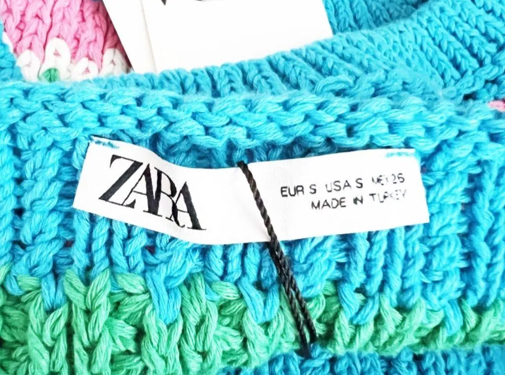 NEW Zara Cotton Blend Blue Green Pink Stripe Crochet Sweater Knit Crop Tank Top - Image 2