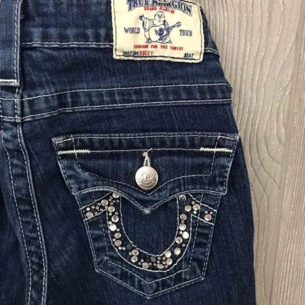 True religion rhinestone pocket jeans dark wash jeans straight leg 24 - Image 5