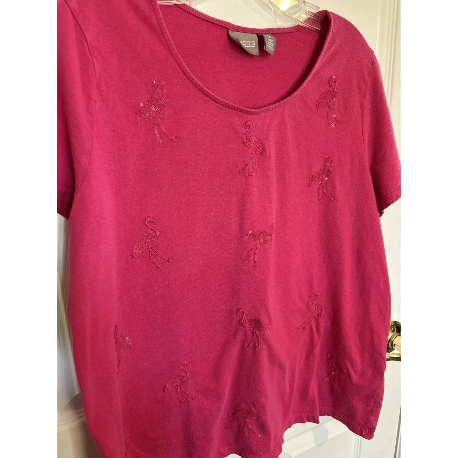 Chico's Pink Flamingo  Sequin Short Sleeve Top Size 2 Large Resort Wear Beach - Image 3