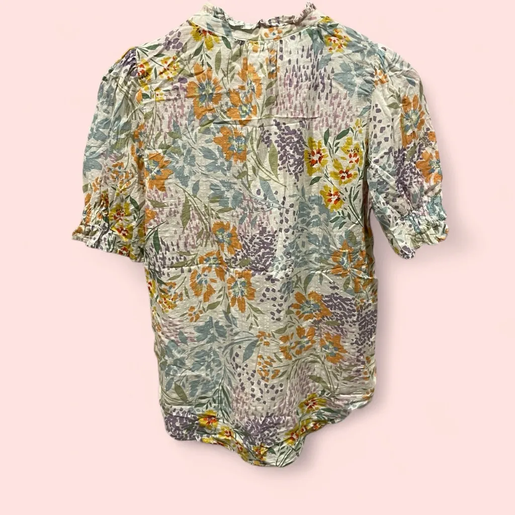 Cute breezy cotton blend floral puff sleeve top ruffle button collar dreamy White Size XS - Image 3