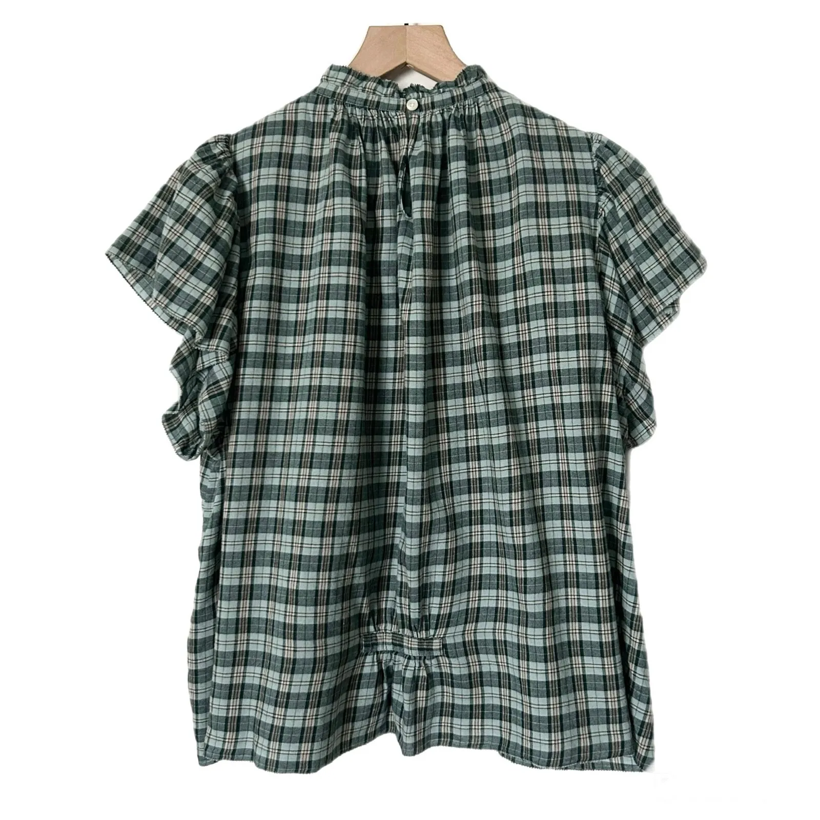 Trovata Birds of Paradis Carla Plaid High Neck Flutter Sleeve Top Size Medium Green - Image 3