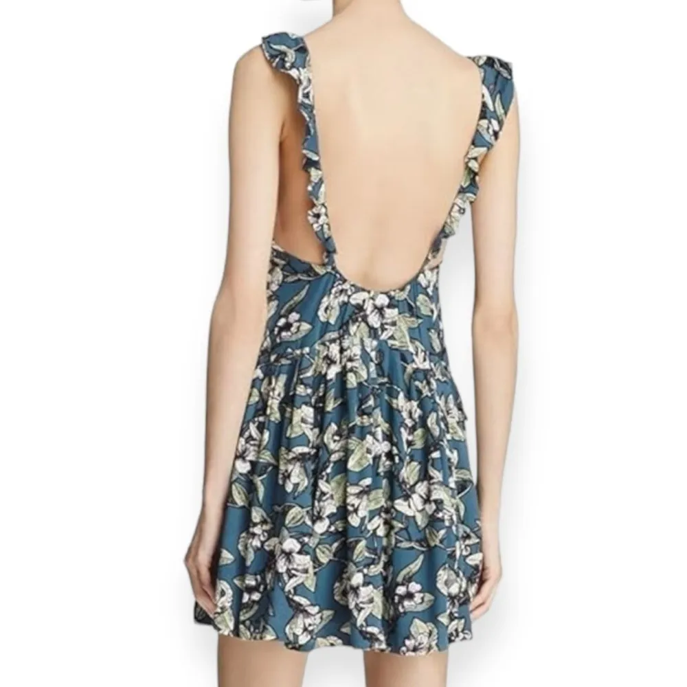 Free People Women’s Size M Teal Green Floral Dear You Ruffle Strap Mini Dress - Image 4