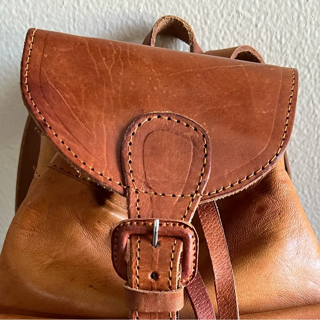Vintage Handmade Tan Leather Backpack Unisex - Image 2
