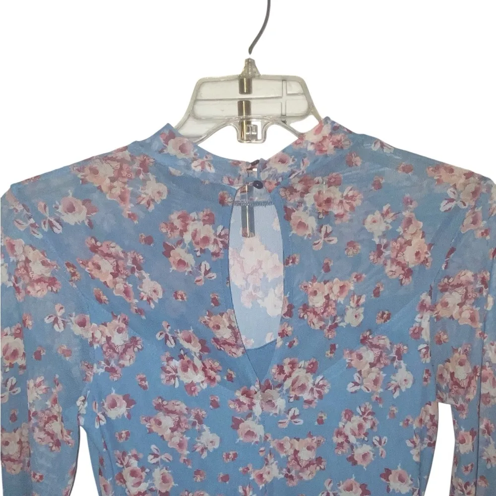 Lush Floral Mesh / Sheet Blue Long Sleeve Dress w/ shorts - Image 4