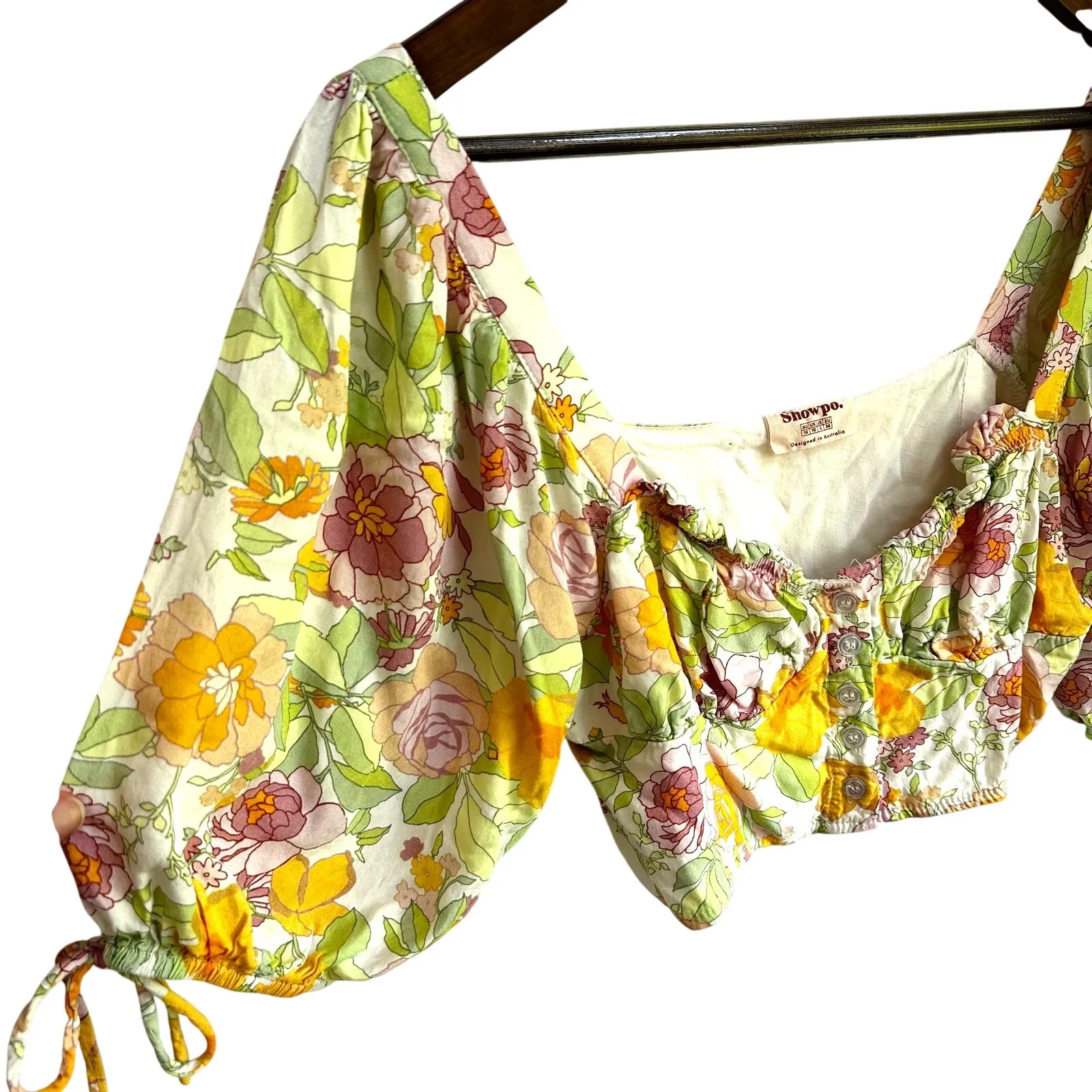 ShowPo Floral Crop Peasant Blouse Size 6 Festival Prairie Medium Yellow Feminine - Image 3