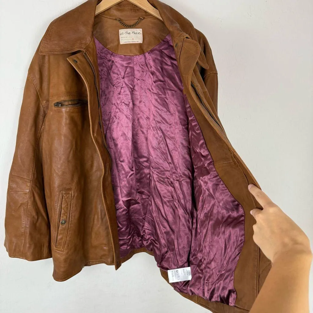 Free People Camel Brown Oversized Jacket 100% Lamb Leather - Image 6