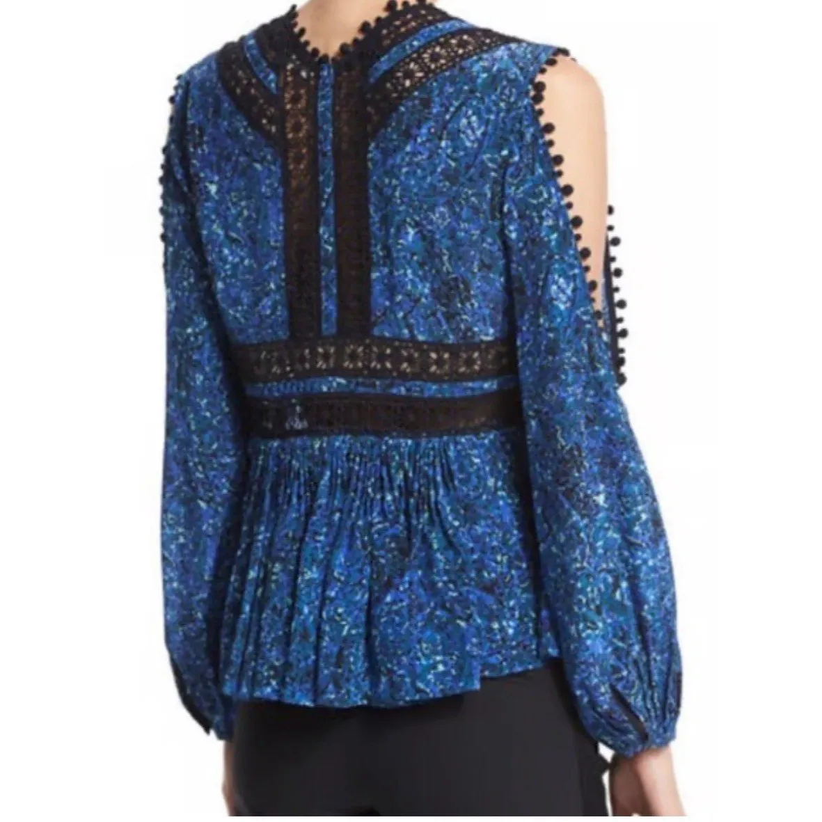 REBECCA Taylor Blue Silk Floral Rainstorm Lace Cold Shoulder Pompom Blouse Top 4 - Image 2