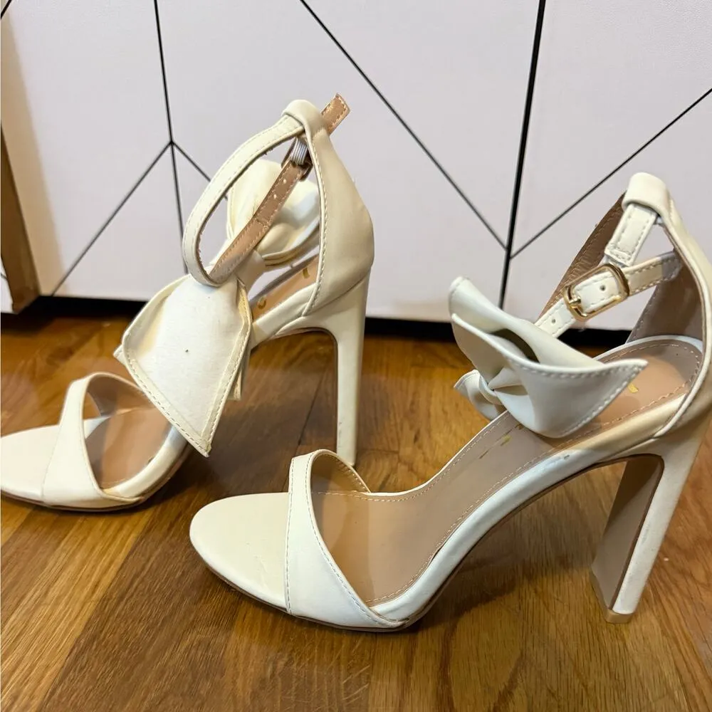 Lulus Womens 6.5 White Faux Leather Bow Ankle High Heel Bride Wedding Party Cute - Image 3
