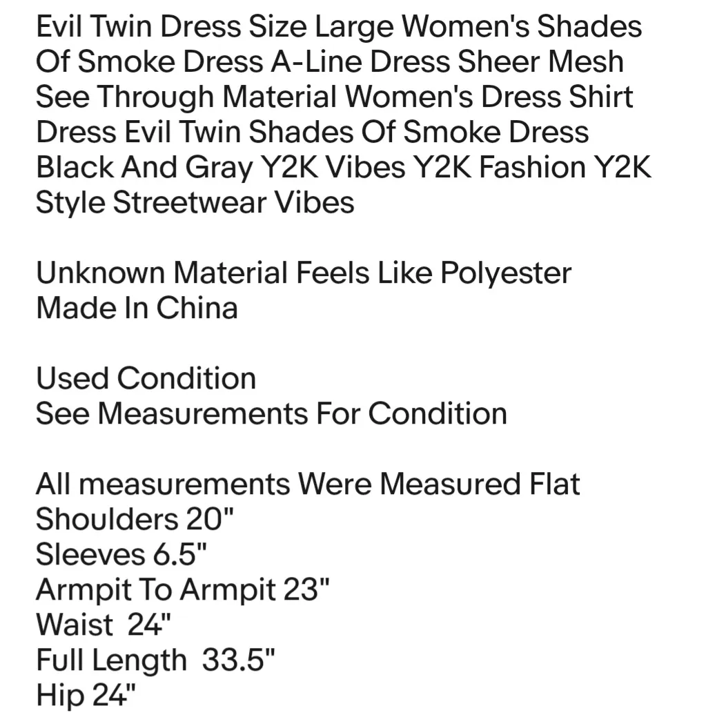 Evil Twin Dress Size Large Women's Shades Of Smoke Dress A-Line Dress Sheer Mesh See Through Material - Image 2