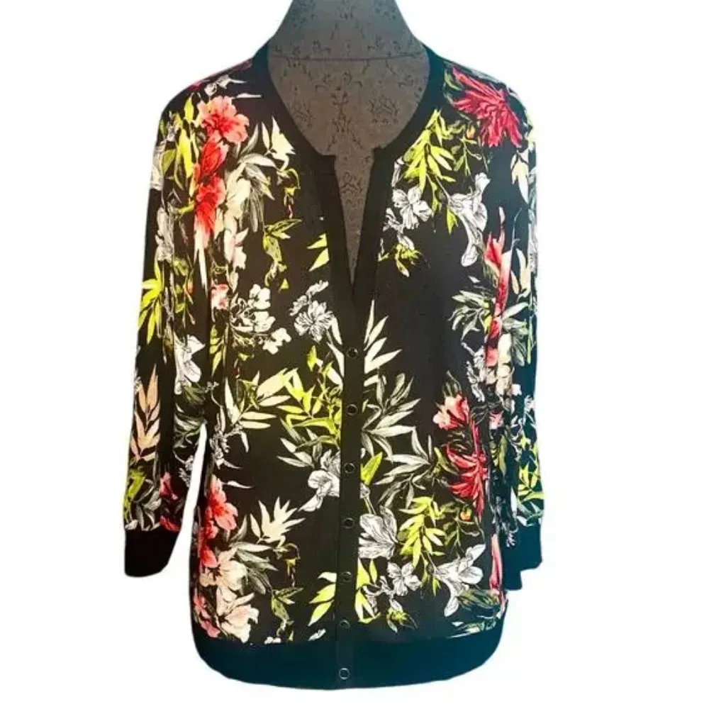 White House Black Market WHBM Floral Black Pink Snap Front Cardigan Sweater - Image 9