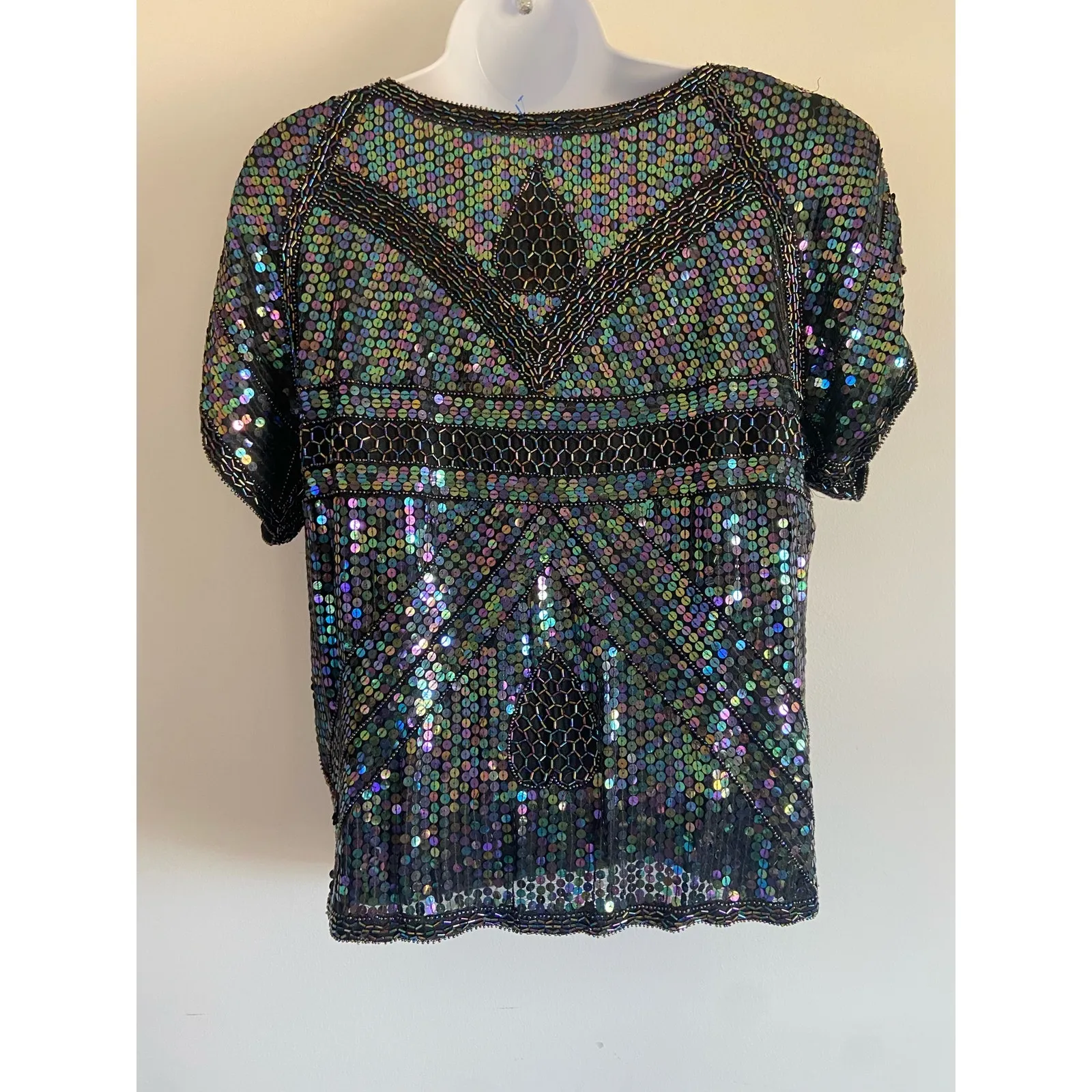 Vintage Silk SequinTop Black Iridescent Short Sleeve Blouse Party Art Deco NYE - Image 2