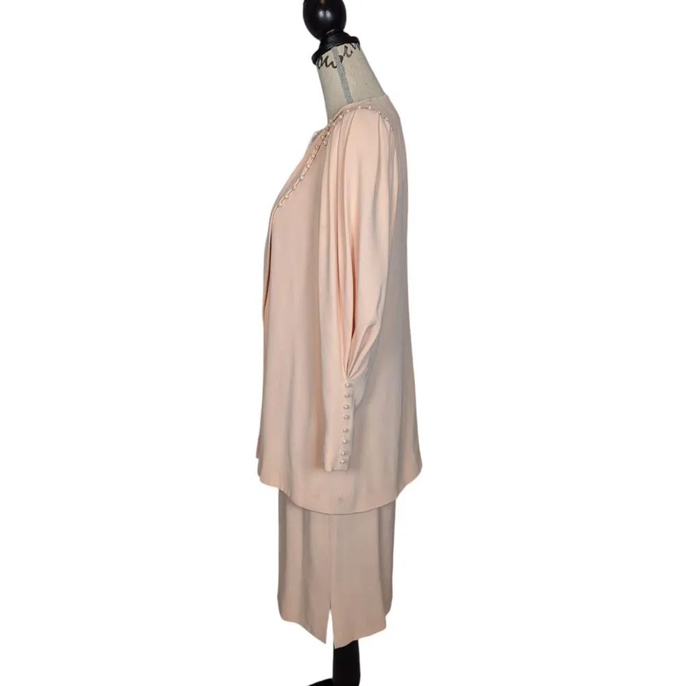 Vintage Silk Three Piece Skirt Suit with Pearl Trim Pink Size 8 - Image 3